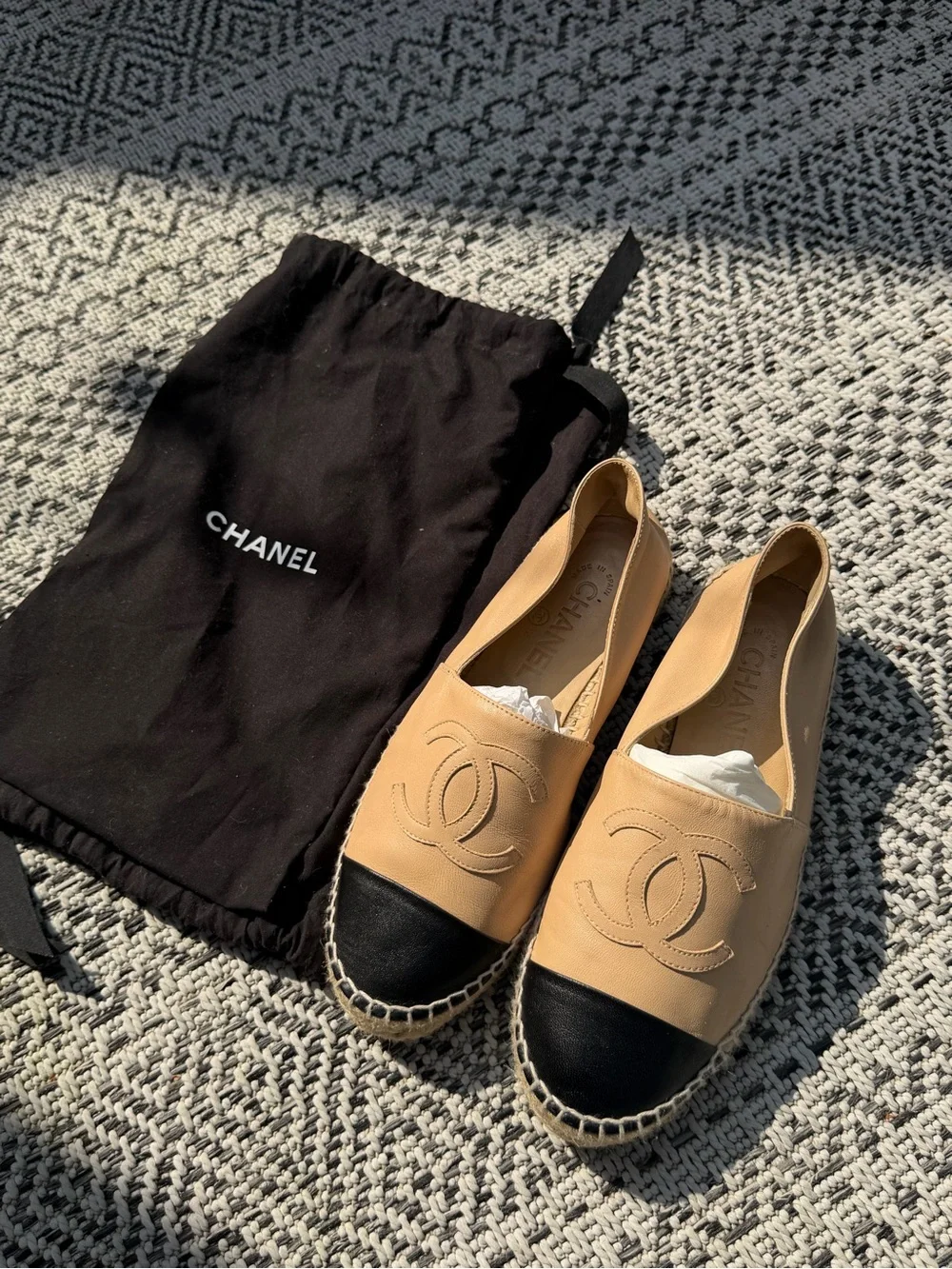 CHANEL Beige Leather Espadrilles with Black Cap Toe